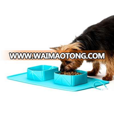 2017 Roll Up Collapsible Food & Water Bowl For Cats / Dogs,Foldable Silicone Double Travel Dog Bowl & Food Mat