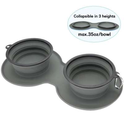 New Collapsible Dog Bowl, Double Silicone Pet Bowl, Portable Foldable Travel Bowls with Aluminum Carabiner Clip